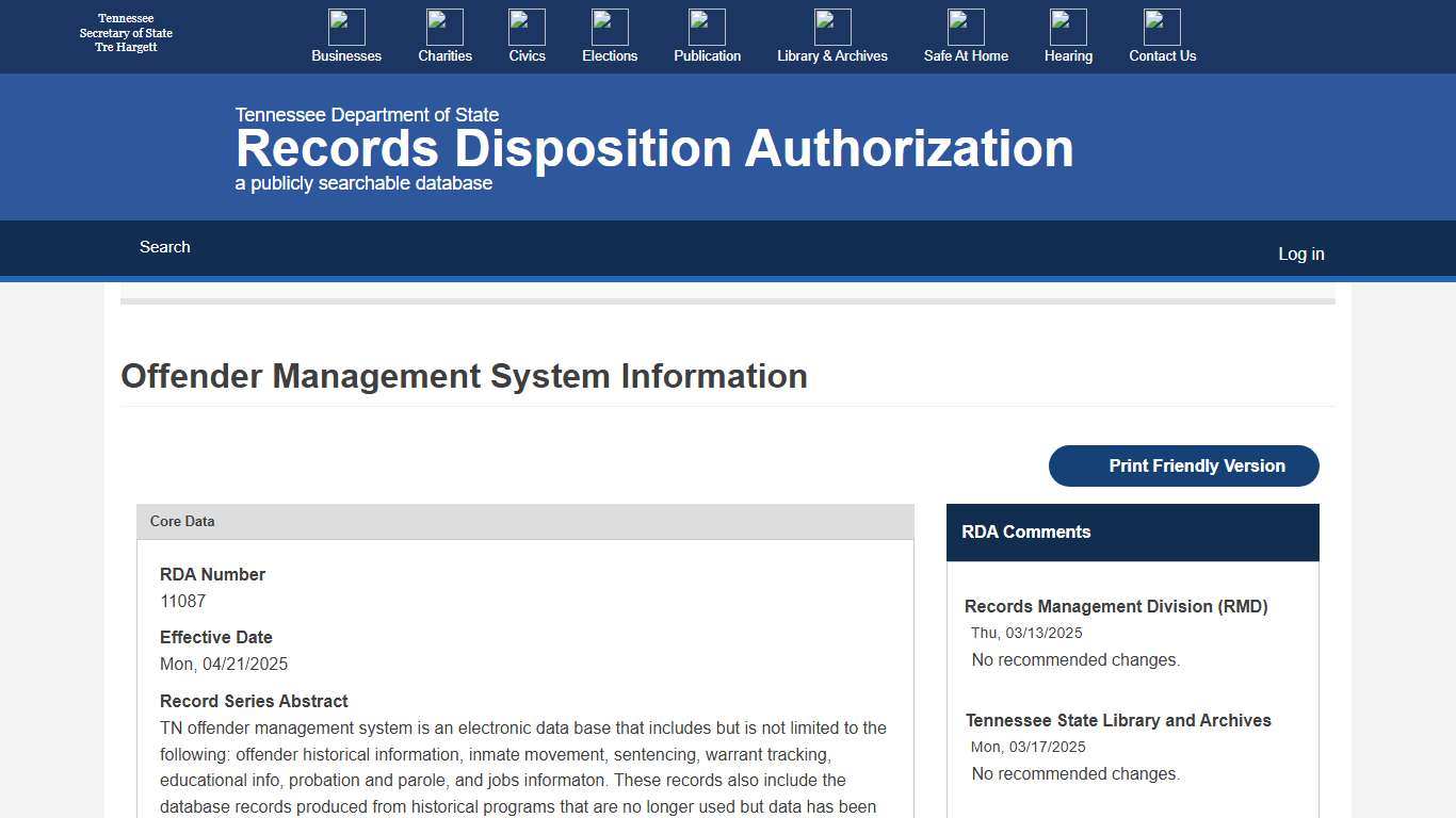 Offender Management System Information Records Disposition Authorization